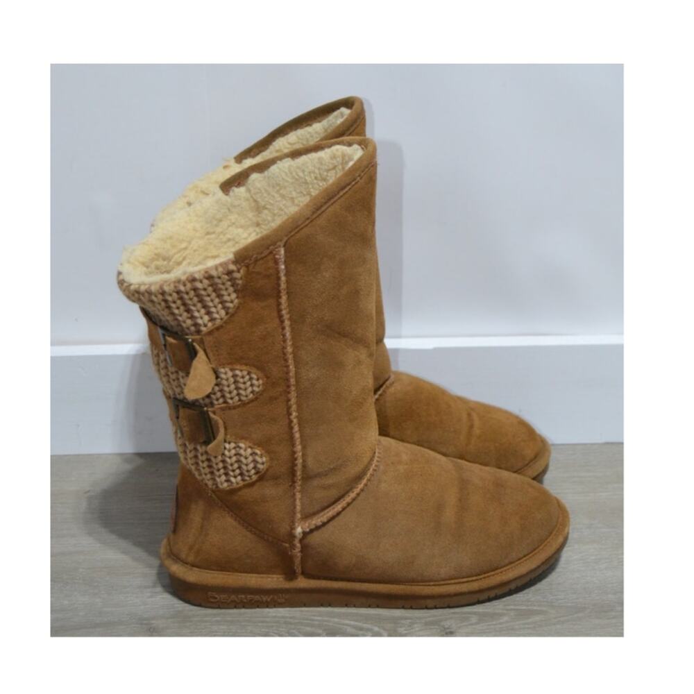 BearPaw Boshie Wide Hickory Suede & Knit Brown Boots Size 9
